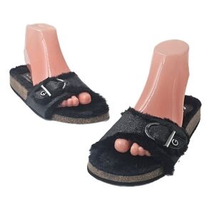 GBG Los Angeles Softee Shimmery Black Faux Fur Slide Sandals Womens Size 7